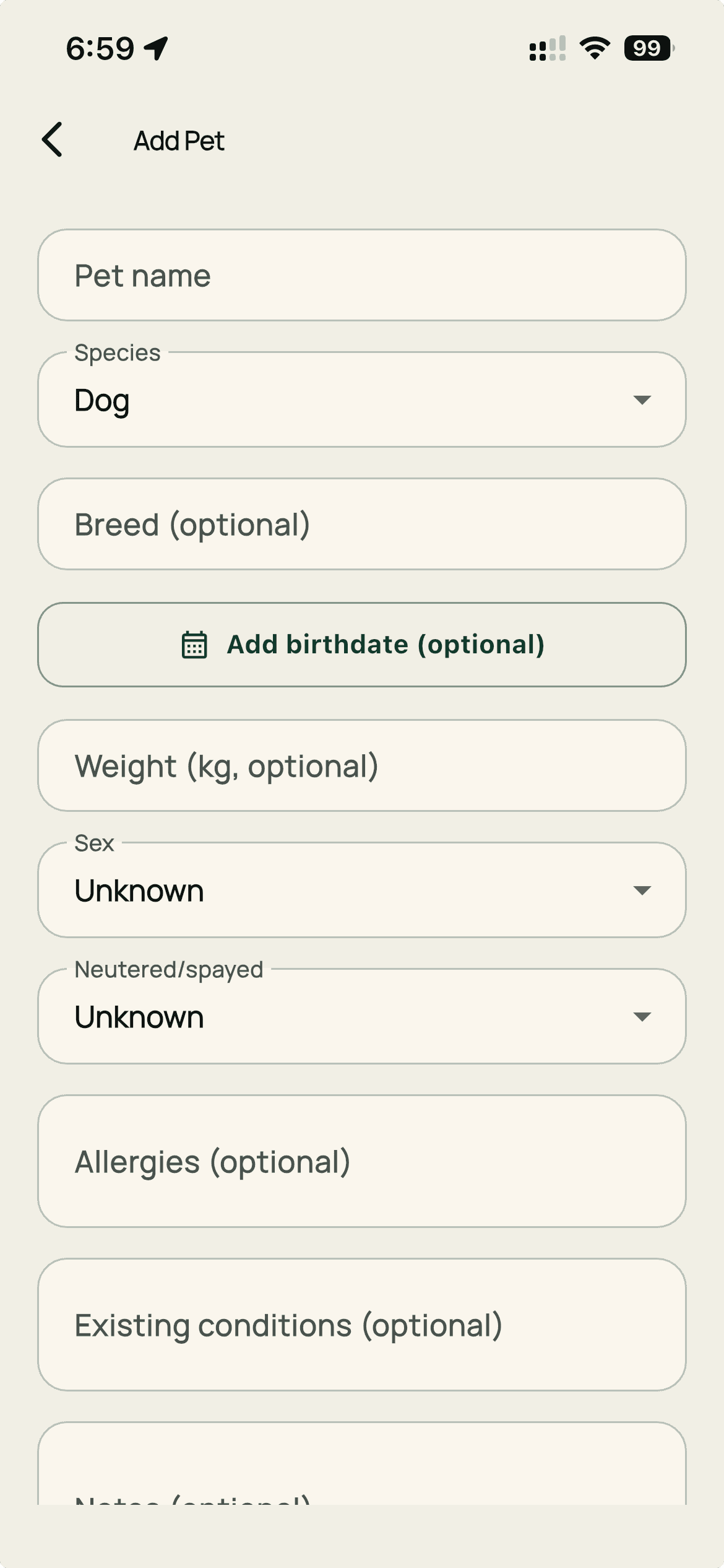 Add pet details screen