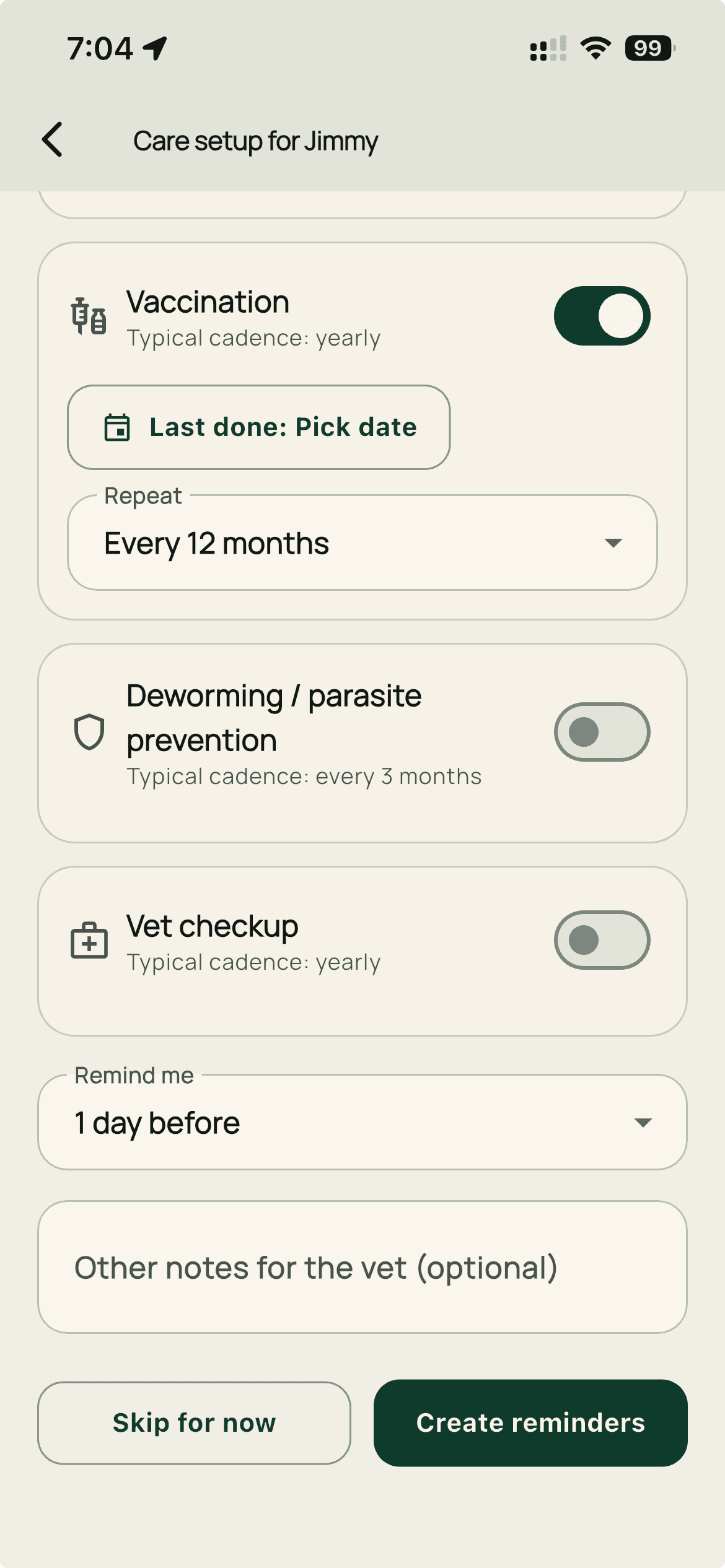 Care setup screen for reminders