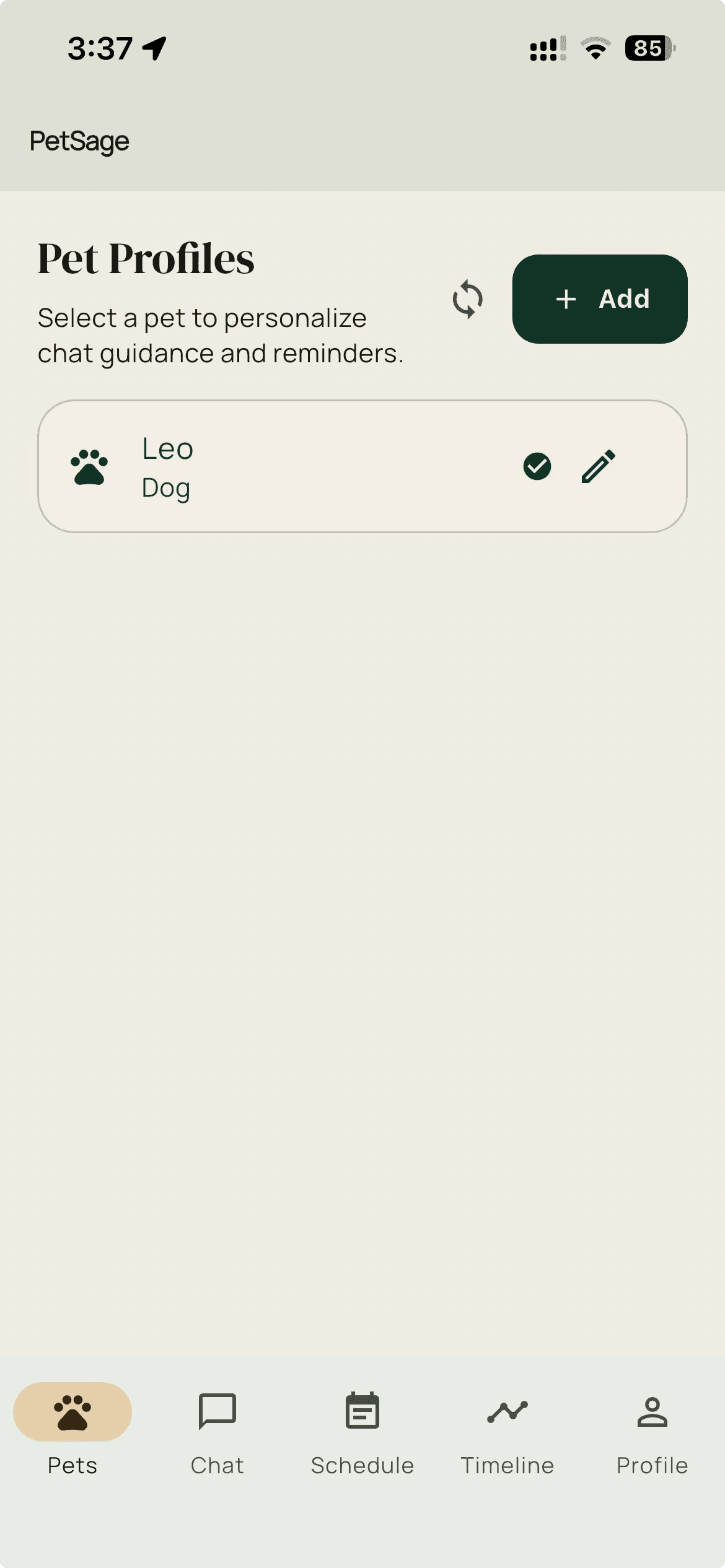 Pets screen with Add button