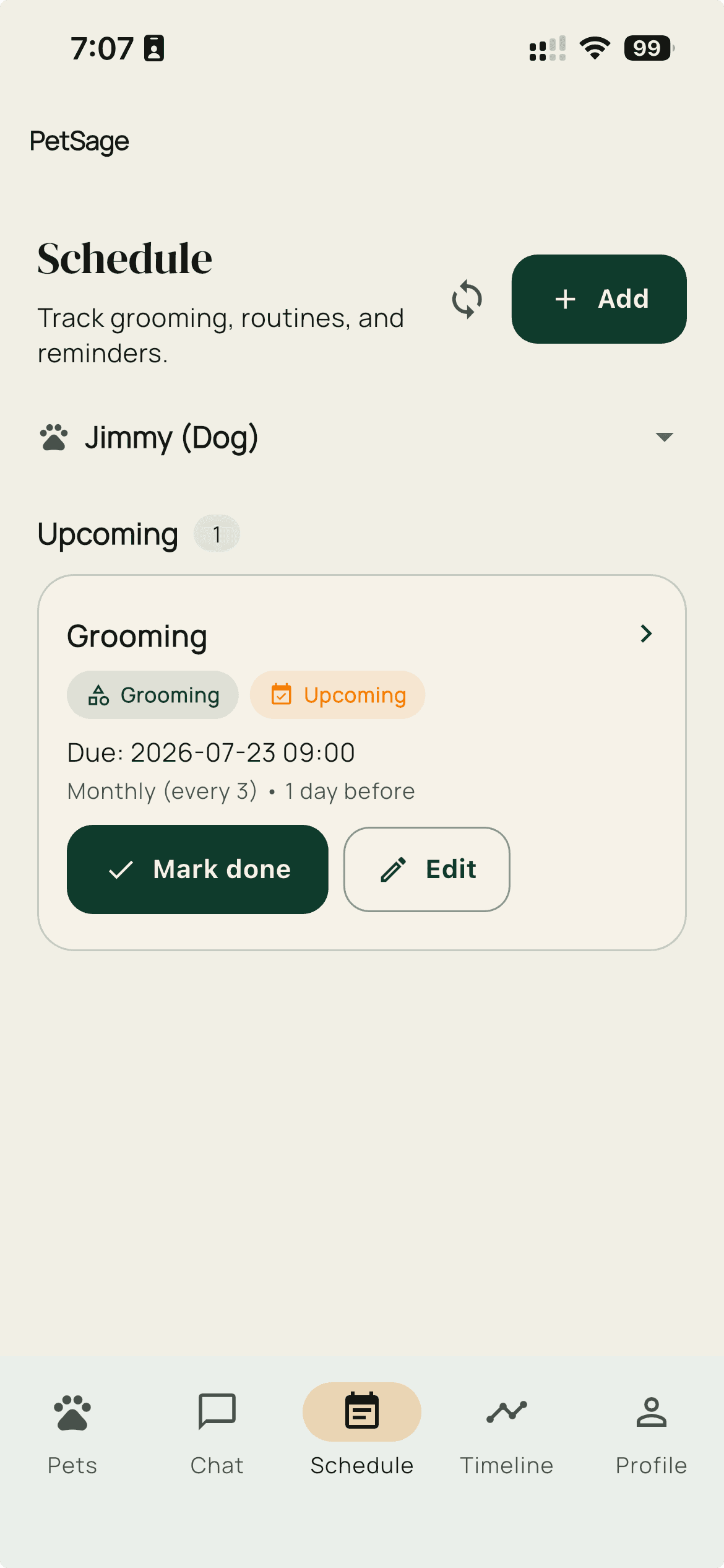 Schedule tab showing reminder card