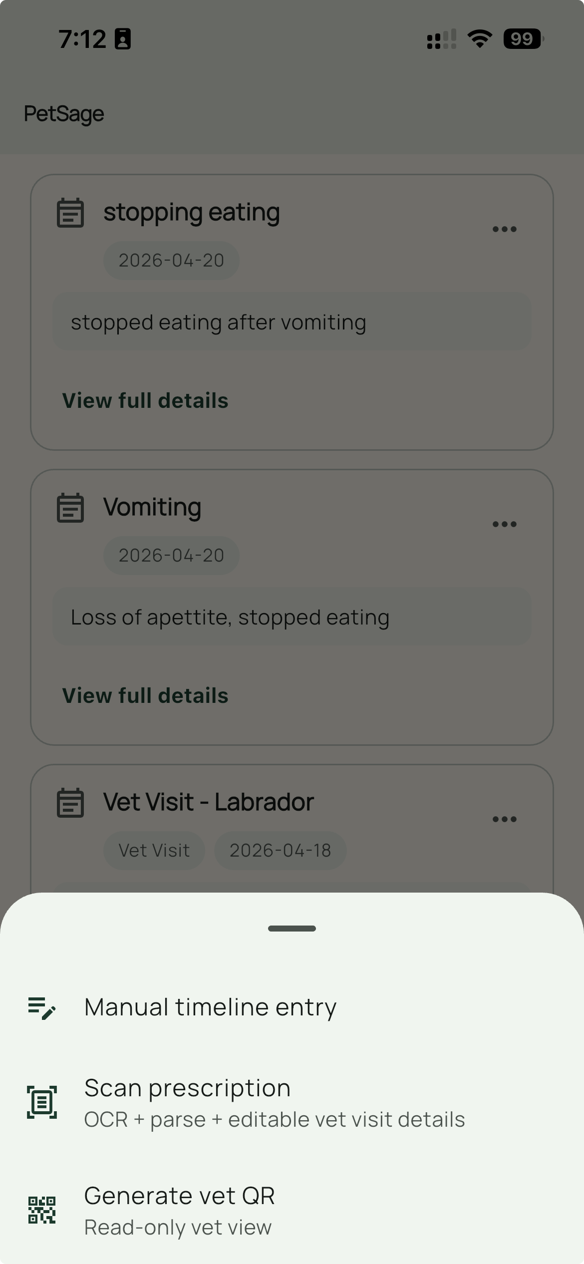 Timeline add menu with manual entry and scan prescription