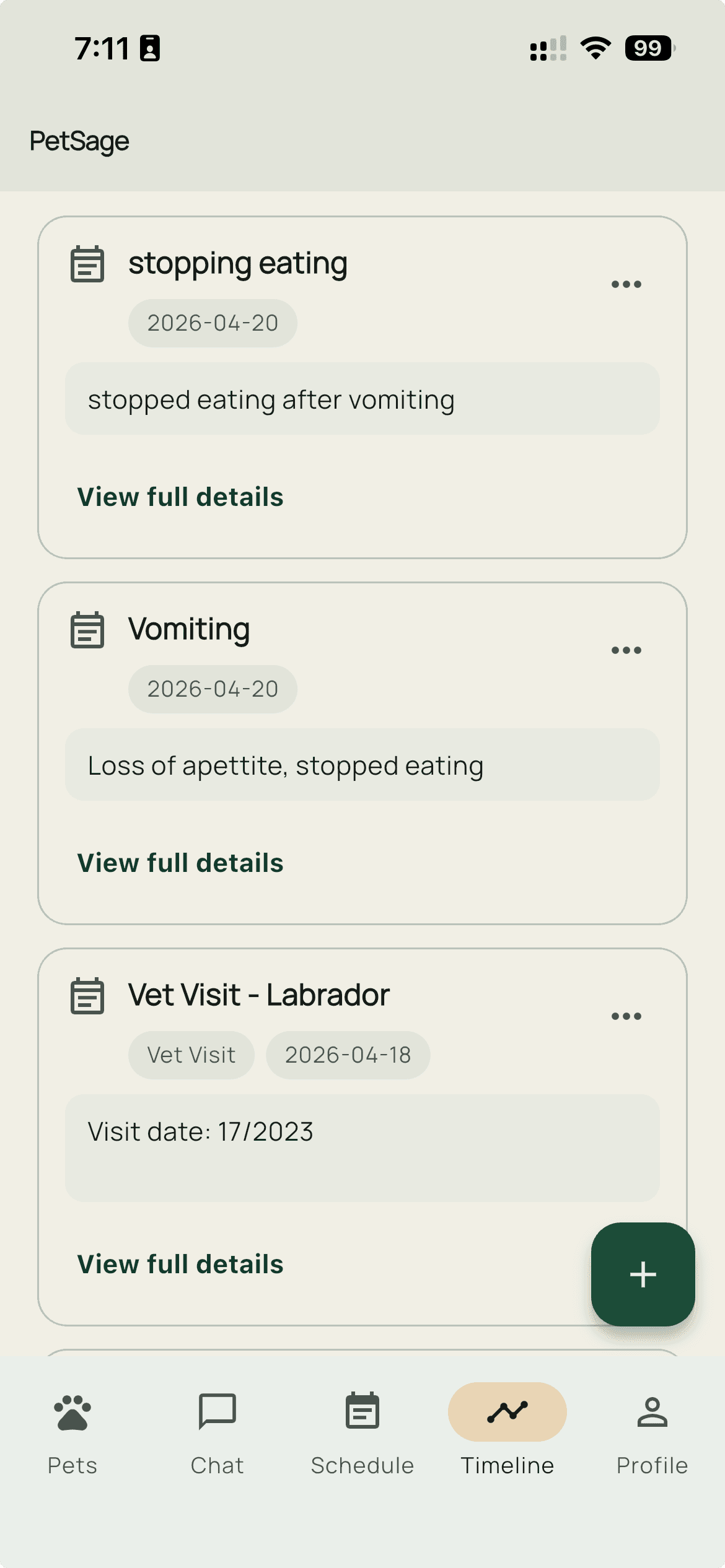 Timeline list with entries and plus button