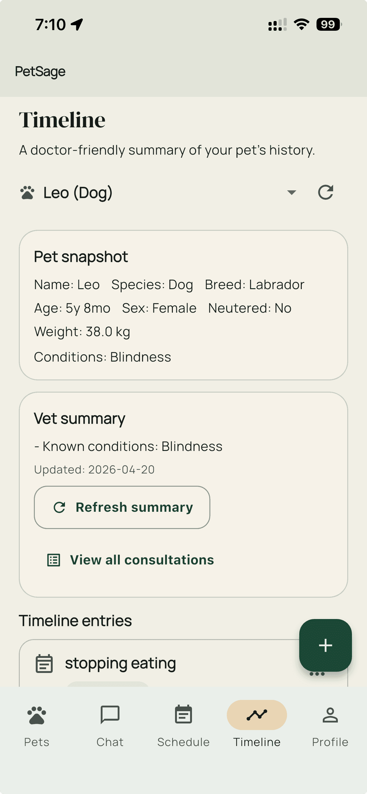 Timeline overview with pet snapshot and entries